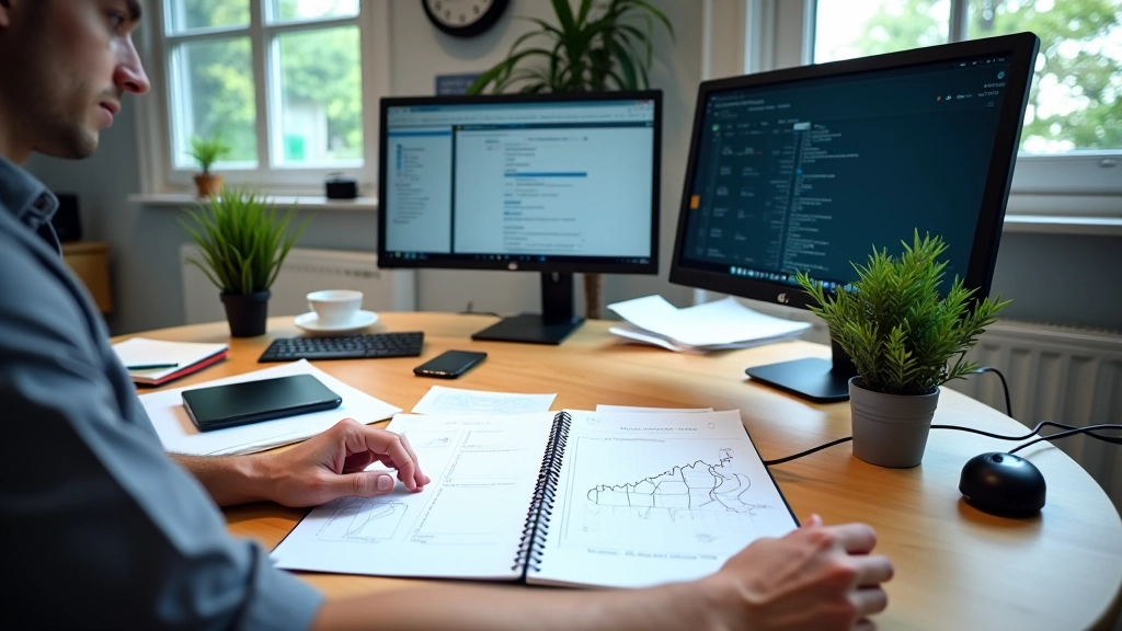 Professional workspace with planning materials and monitors