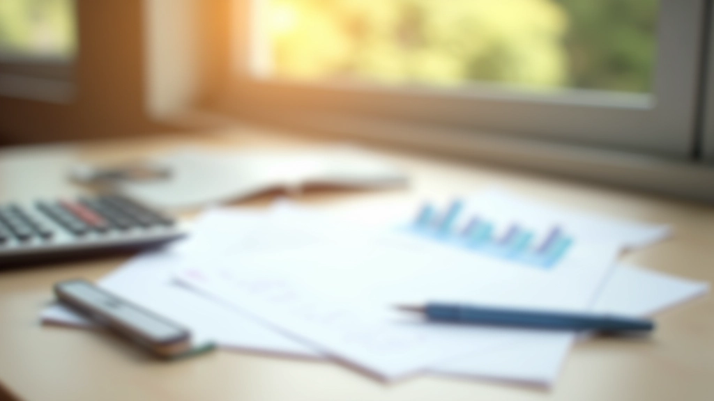 Financial planning documents and calculator on wooden desk with morning light
