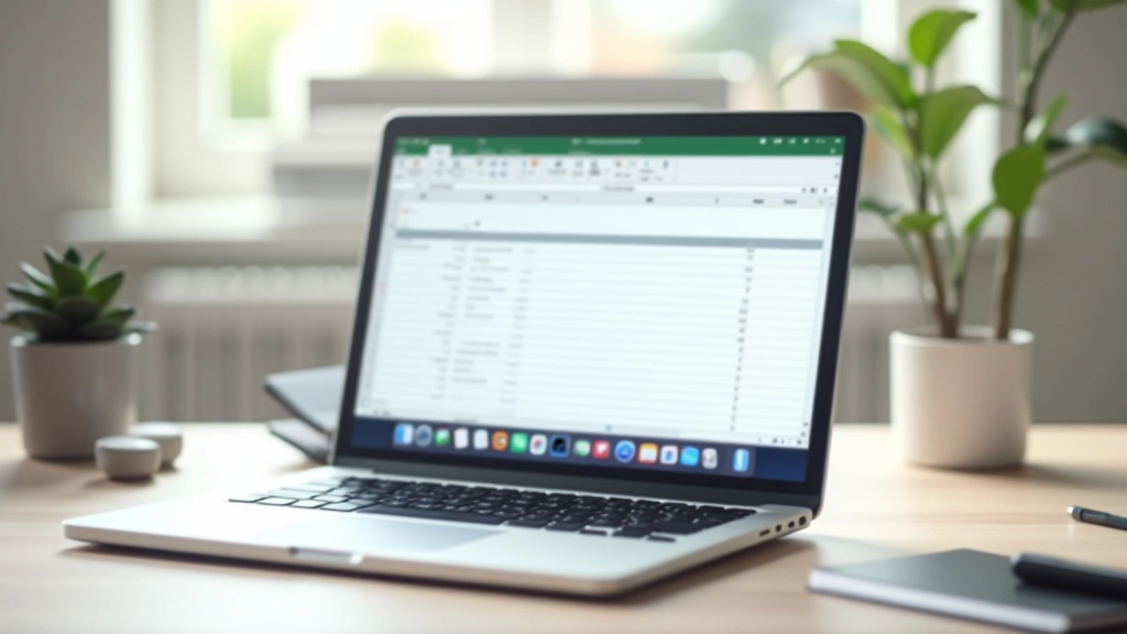 Laptop screen showing spreadsheet with goal tracking columns and progress bar, organized workspace