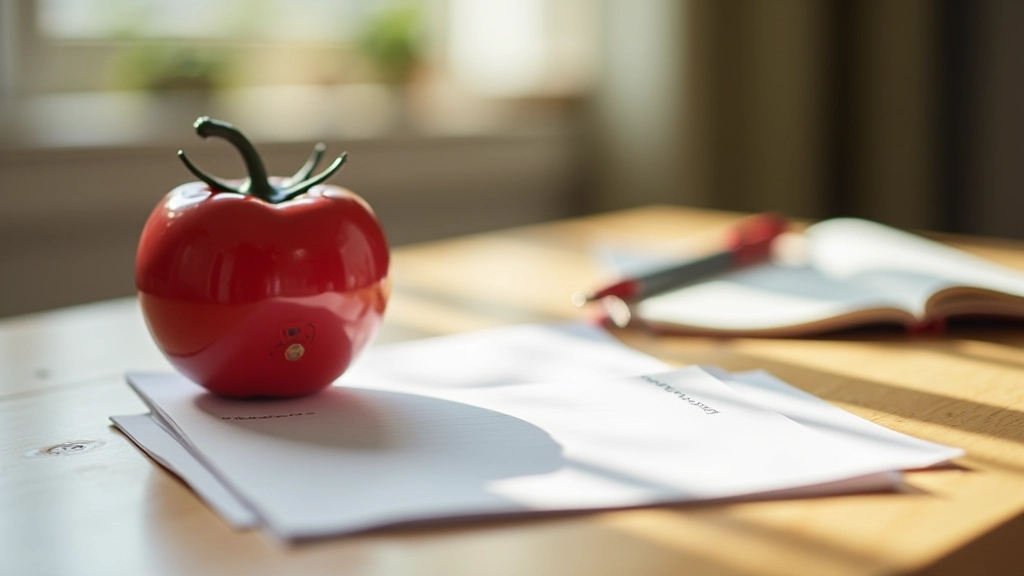 Red tomato-shaped Pomodoro timer on a desk