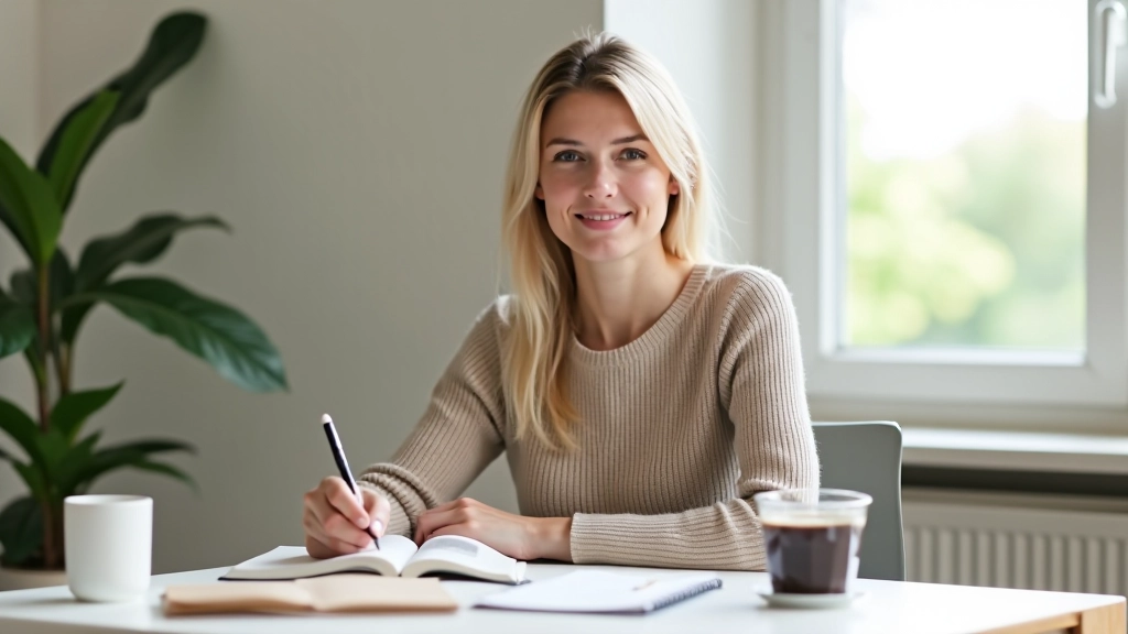 Woman at desk writing goals in a notebook with clear planning structure